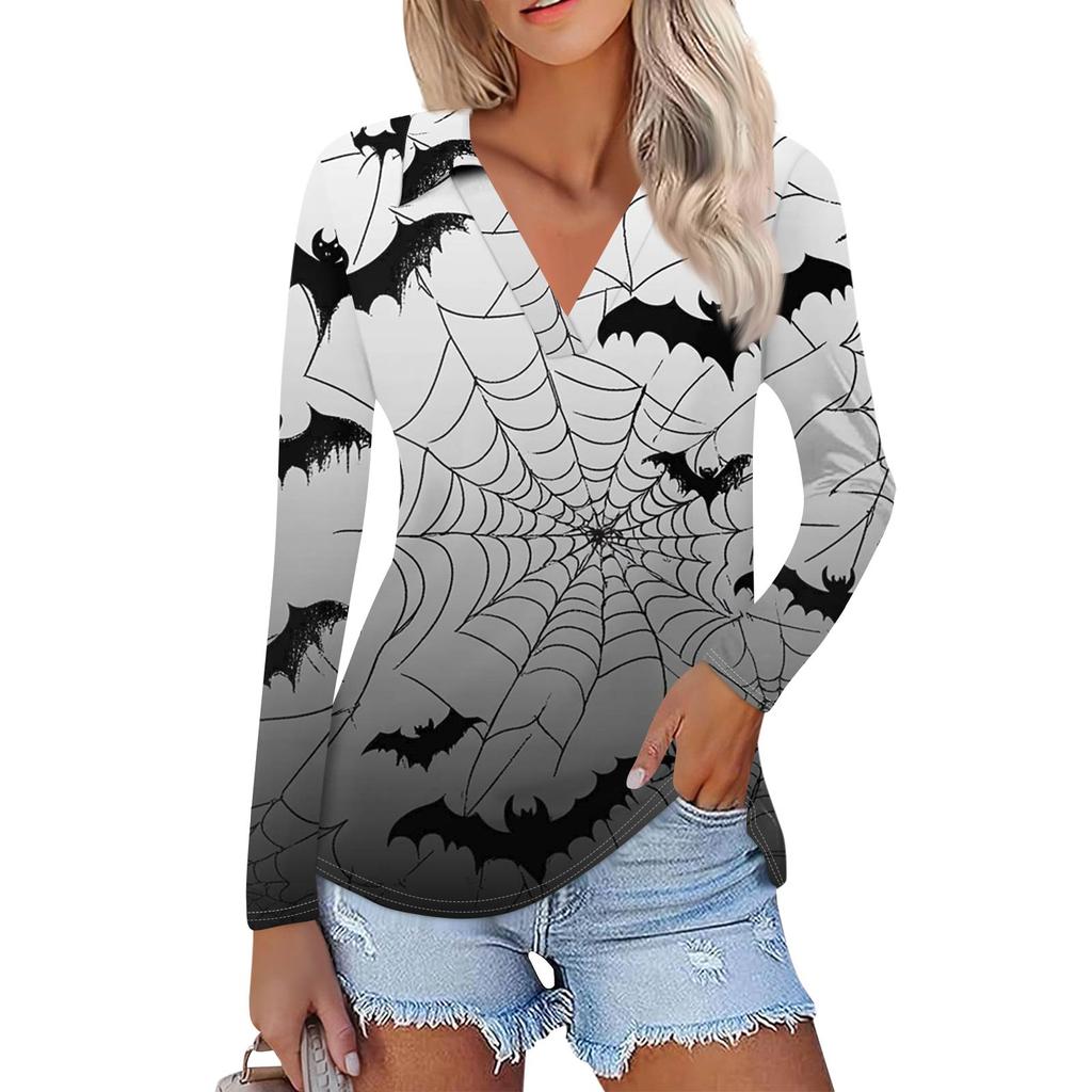 Women's Summer Fashion Casual Printed V-Neck Long Sleeve Shirt Top