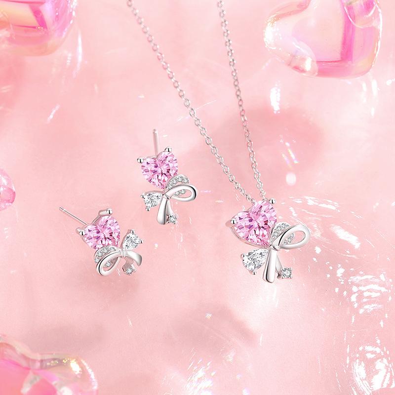 925 Sterling Silver Love Bow Necklace Female Korean Version Heart-shaped Pink Zircon Collarbone Chain Light Luxury High-end Pendant