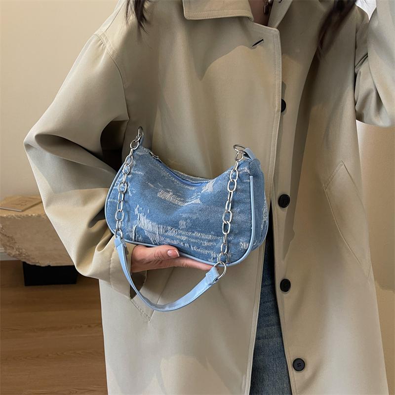 Retro Design Women's Chain Shoulder Bag Soft Denim Female Underarm Bag Handbags Fashi Ladies Small Square Tote Purse Bags