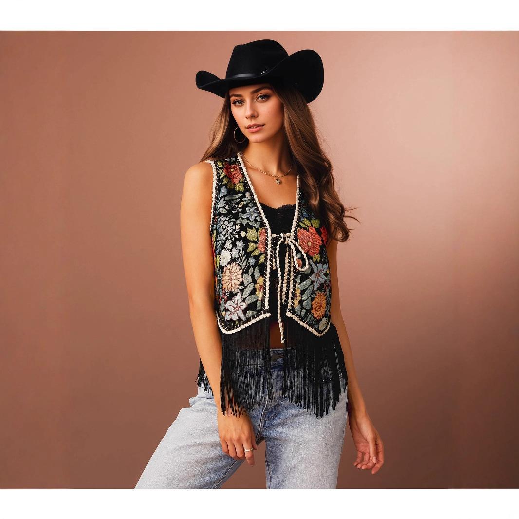 Fashion European and American fashion flower embroidery with woven straps lace-up design hem fringed sleeveless vest S
