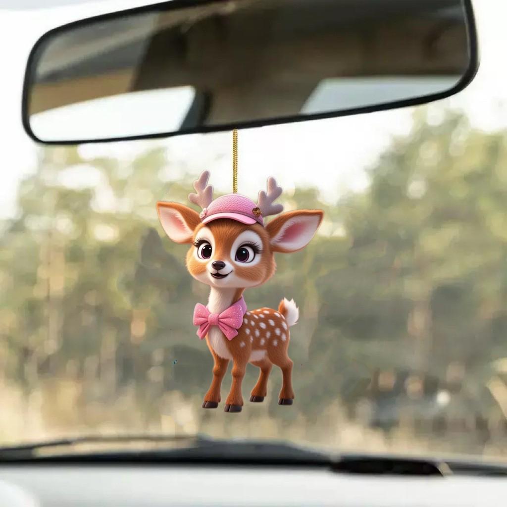 Cartoon With Deer Pink Hat Car Mirror Ornament Pendant For Kids Vehicle Decor