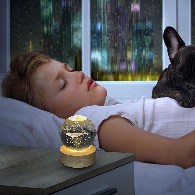 Whale 3D Crystal Ball Night Light with Wooden Base - LED USB Table Lamp for Kids, Teens, and Home Decor