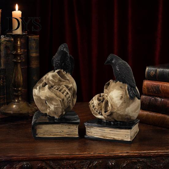 Spooky Bookshelf Display Figurines Halloween Skull Head Statue, Gothic Crow And Book Sculpture, Decorative Figurine Resin Statue for Home Party Table