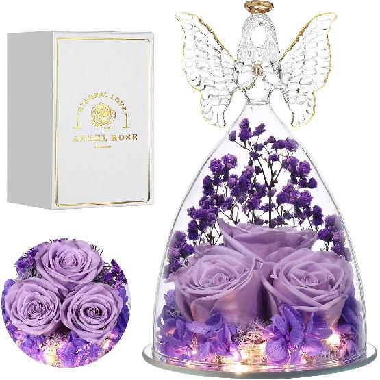 Mothers Day Mom Gifts for Women Preserved Flowers in Glass Angel Forever Flowers Gifts Eternal Roses Gifts for Grandma, Light Purple