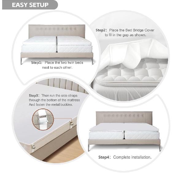 3-in-1 Bed Bridge Twin to King with Fitted Sheet|Split King Gap Filler for Adjustable Bed| 78"x 75"|White (Patent Licensing)