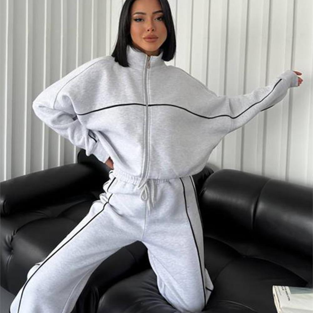 Women's 2-Piece Casual Sports Suit: Long-Sleeve Half-Turtleneck Cardigan Sweater + Lace-Up Striped Pants