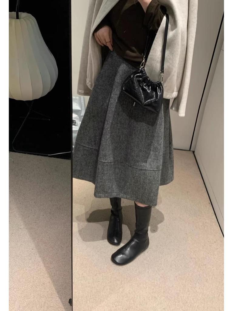 Gray Starry Sky Wool Midi Skirt: High-End Korean Style Slim-Fit A-Line
