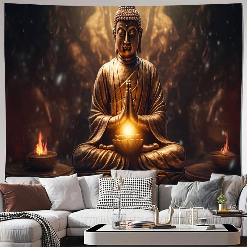 Golden Buddha Meditation Zen Spiritual Art Wall Tapestry Machine Washable All Season Decor Art Print Religious Design Home