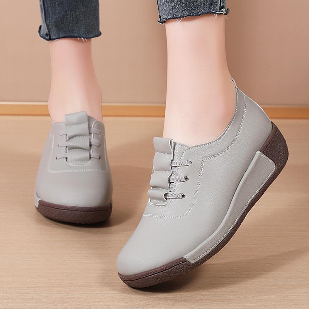 Thick Soled Sloping Heel Leather Casual Sports Shoes for Women