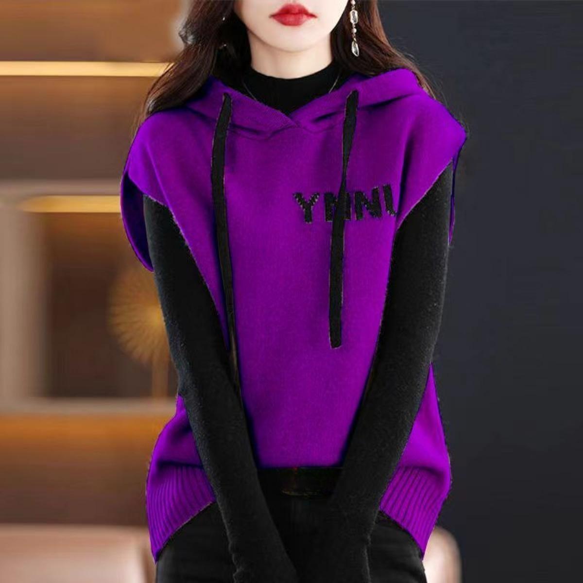 

Вязаный свитер с капюшоном, без рукавов, свободный, вязаный, жилет с цветными блоками для осени и зимы, стильная верхняя одежда S фиолетовый