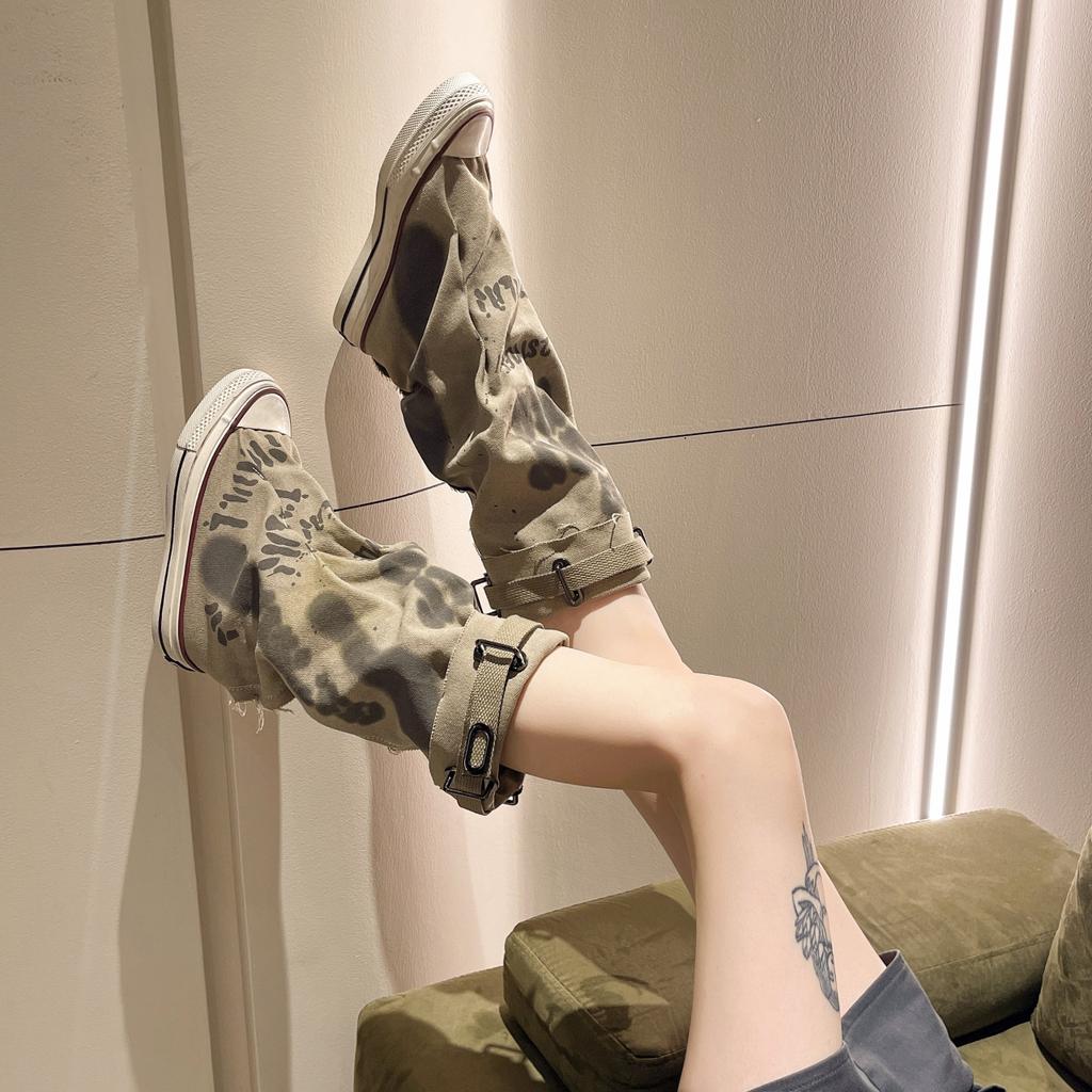 Fashion Graffiti High Top Canvas Shoes Women's Spring Boots Wide Barrel Mid Barrel Boots 2024 New Trouser Barrel Stacking Boots