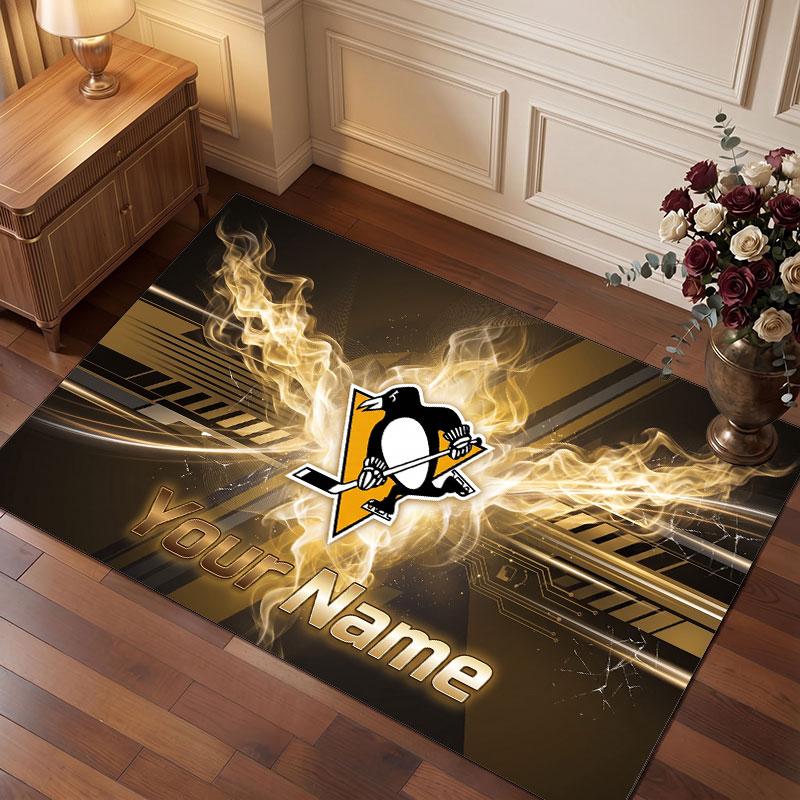 Pittsburgh Penguins Personalized Crystal Velvet Carpet, Customized Name Text Soft Anti‑Slip Rug for Living Room Bedroom