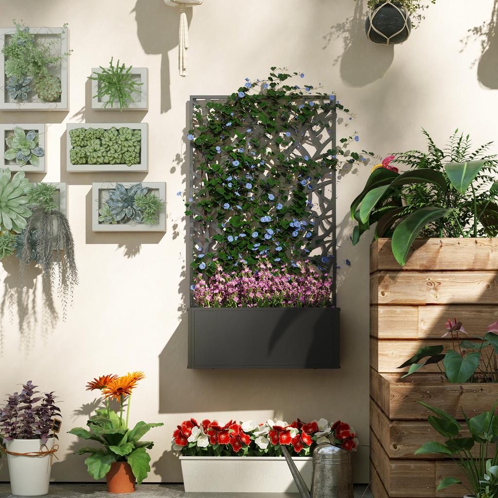 Outdoor Metal Planter, with Back Trellis - Black