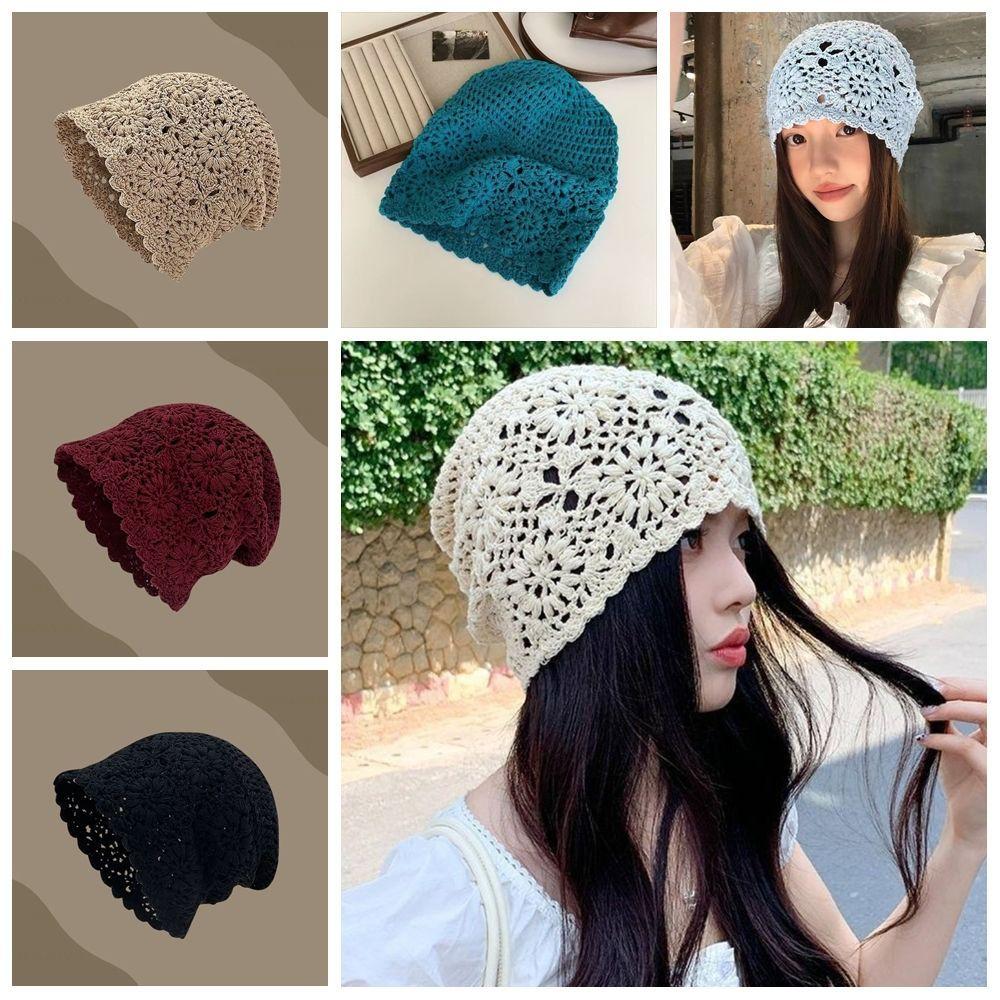 Handmade Crochet Flower Knitted Hat Thin Knit Cap Retro Ethnic Style Hat  Casual