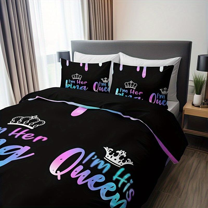 3-Piece Crown Letter Duvet Cover Set With 1 Duvet Cover And 2 Pillowcases Soft Breathable Hd Printing Bedding For Home And Dorm