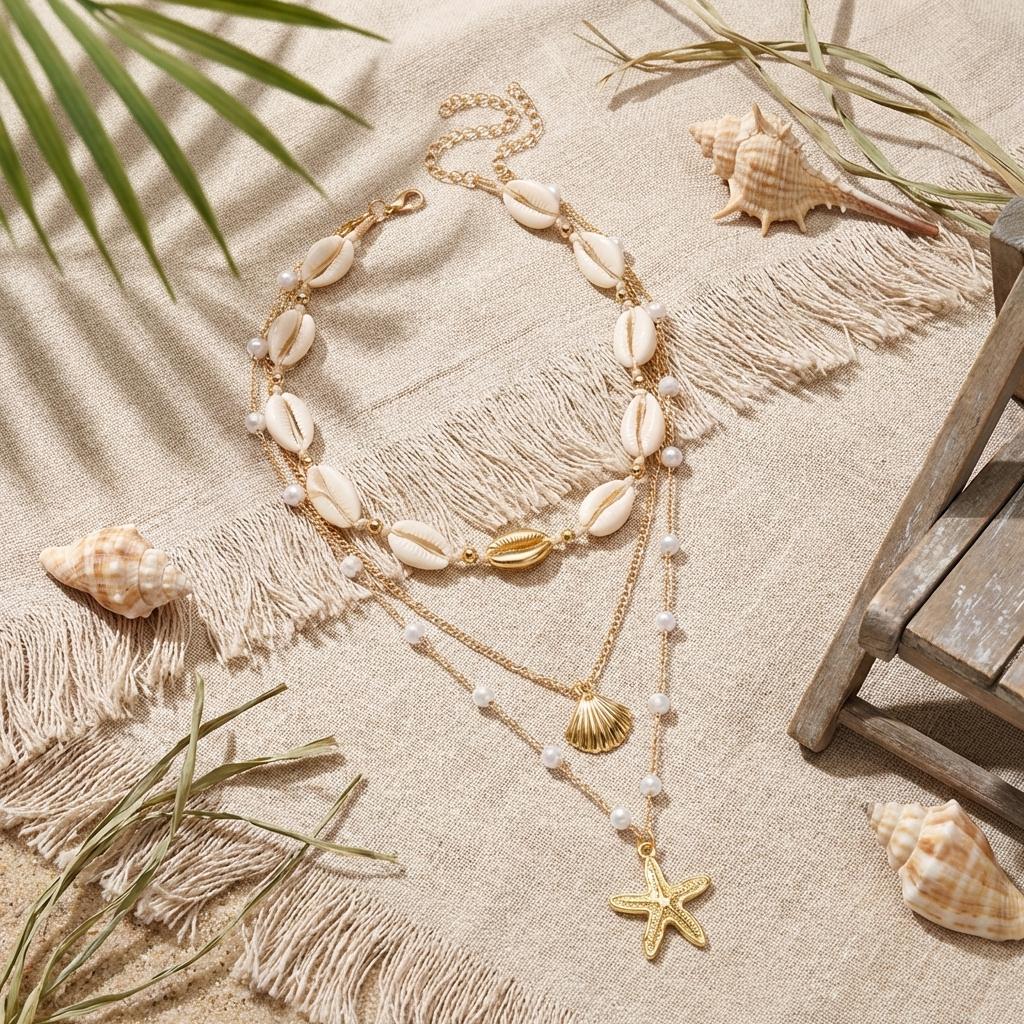Boho Multilayer Starfish Shell Conch Pendant Necklace For Women Trendy Summer Beach Pearl Chains Choker Travel Party Jewelry