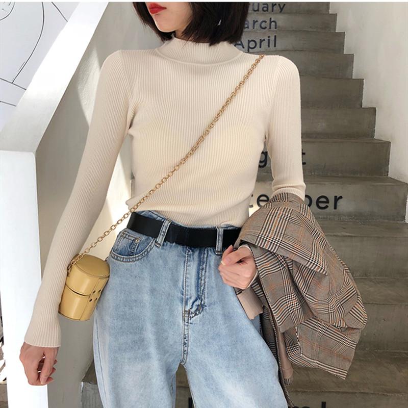New Autumn Long Sleeve Base Knitted Sweater Women Winter Fashion Half High Collar Pullover Women Sweaters Vintage Slim Fit Solid Casual Knitwear 24970