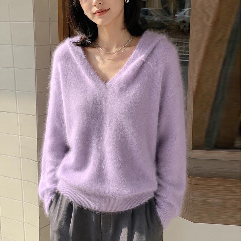 Women's Solid Color Hooded Cashmere Wool Knit Sweater - Long Sleeve Base Layer for Autumn & Winter