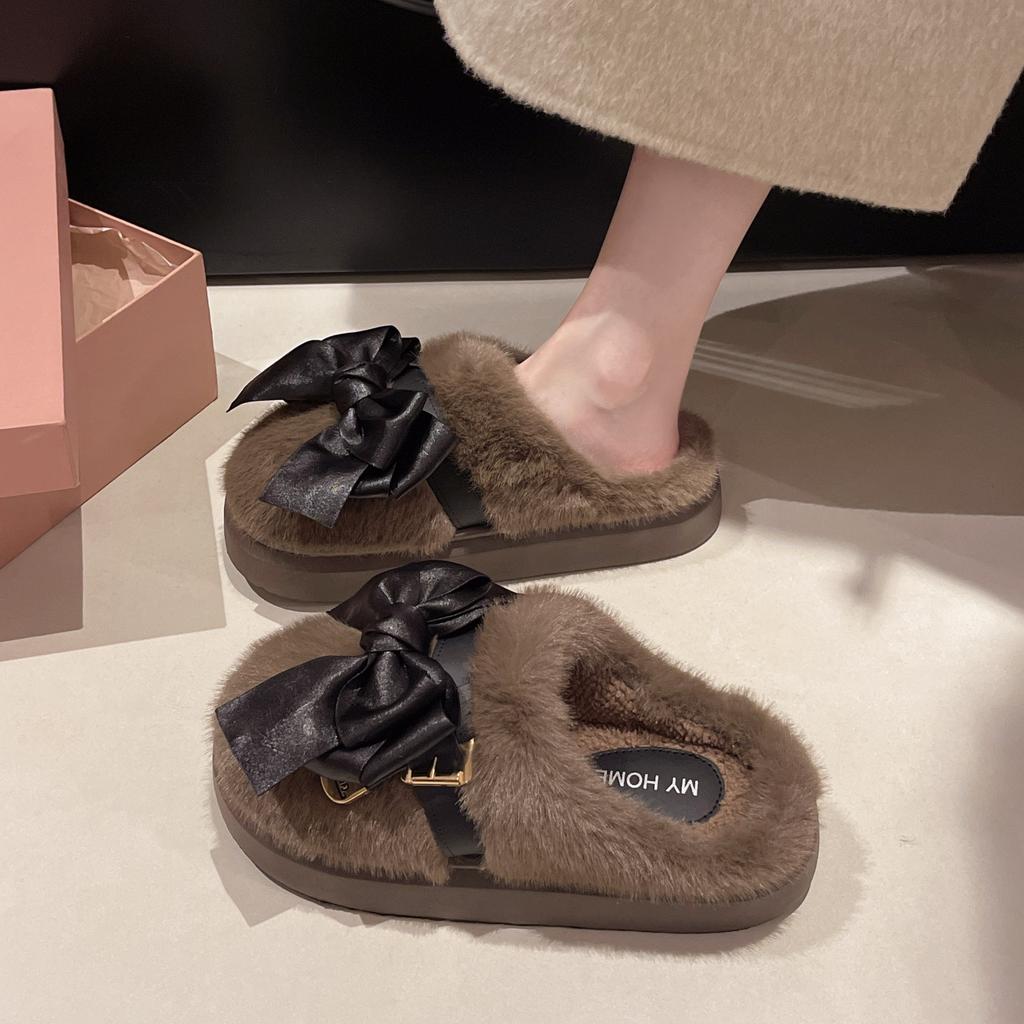 Fairy Wind Bow Slippers Female 2025 Autumn and Winter Fashion Girl Heart Indoor Warm Ins Plush Cotton Slippers