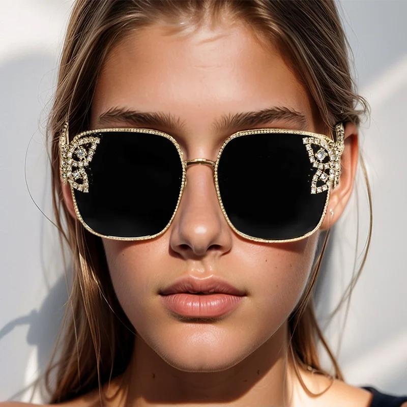 Square Large Frame Sunglasses with Butterfly Design Luxurious Diamond Inlay Exquisite Metal Frame Sunglasses Punk Women Shades