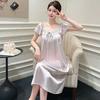 French court style nightgown women's summer ice silk short-sleeved pajamas summer pure desire sexy lace with chest pad medium and long dress