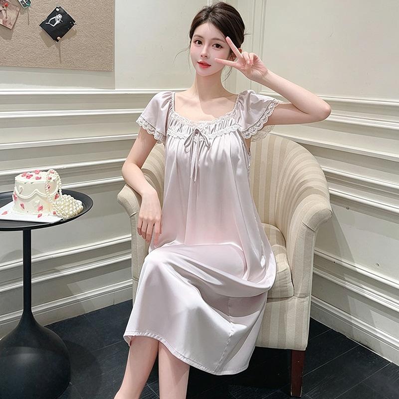 French court style nightgown women's summer ice silk short-sleeved pajamas summer pure desire sexy lace with chest pad medium and long dress