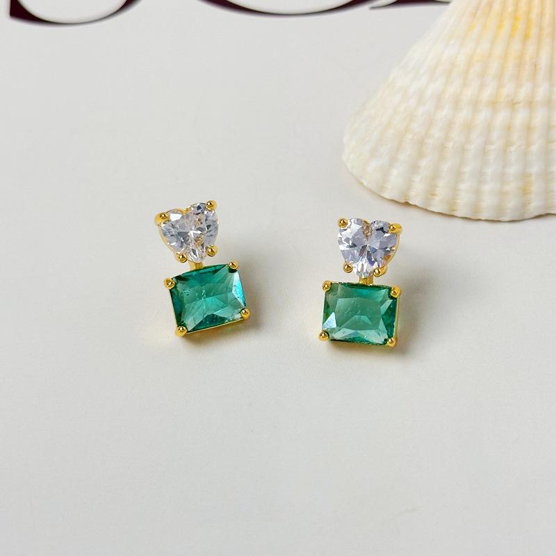 Trendy Square Green Ice Cube Love Zircon Stud Earrings High-End Earrings Women