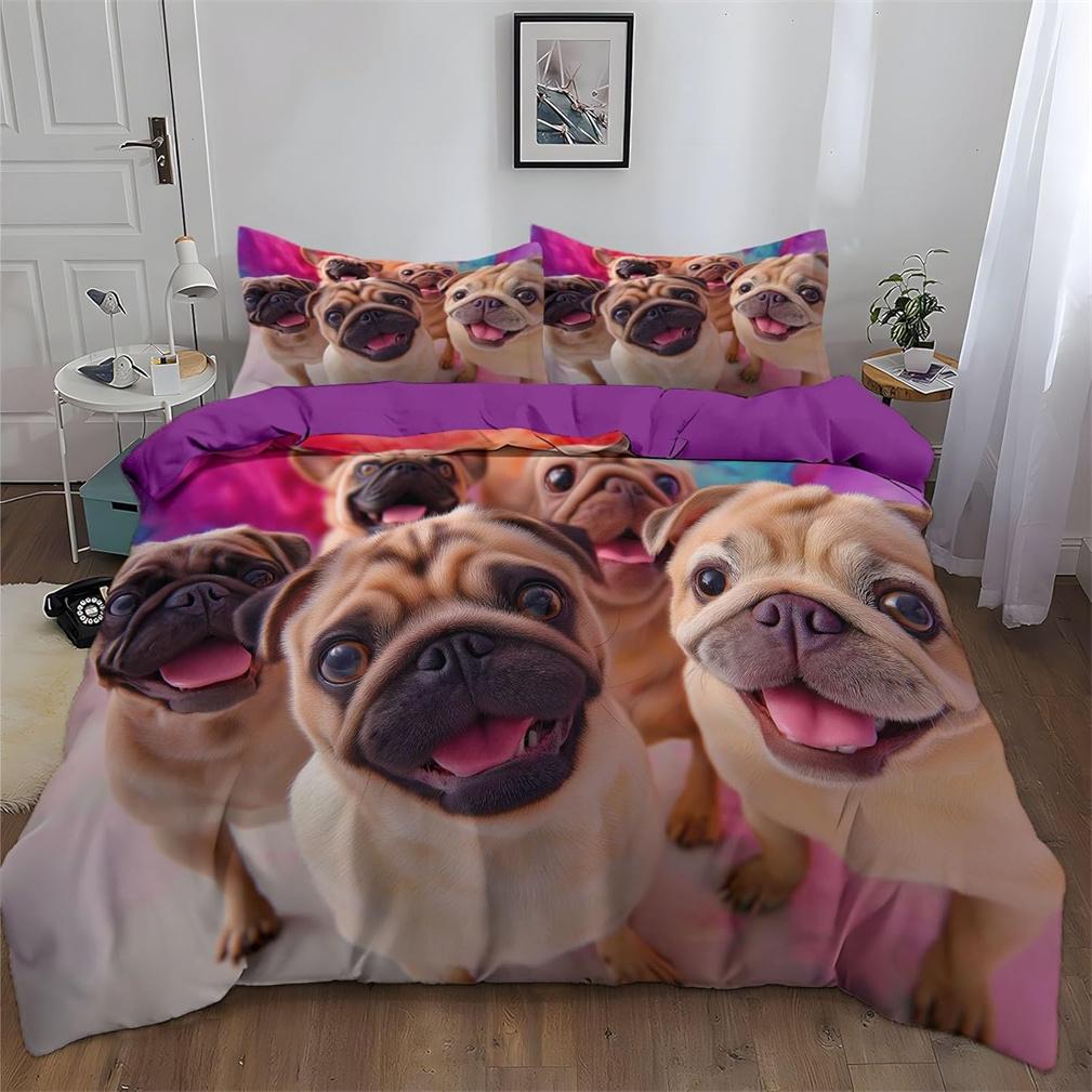 3D Design Sweet Pug Dog Duvet Cover, Polypolyester Luxury Bedding Quilt Cover Bedding Bed Covers With Pillowcases 75*50 With Zipper