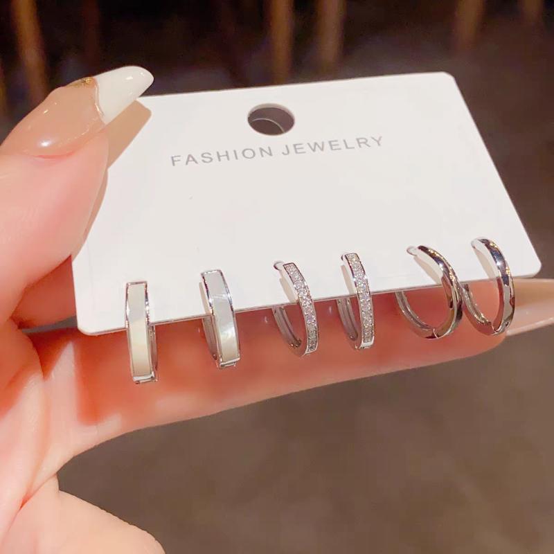6Pcs/Set Silver Color Zircon Hoop Earrings For Women Egirl Simple Metal Circle Earrings Aesthetic Y2K Jewelry