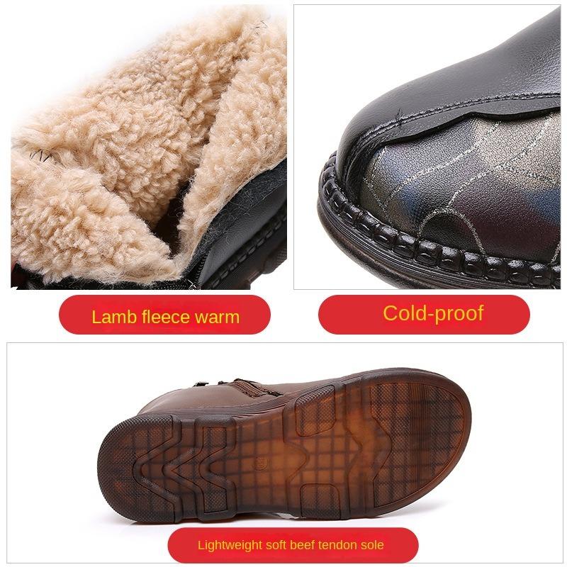 Boty z pravé bavlny z vlny středního věku plus samet pro udržení tepla a neklouzavé kožené boty pro střední a starší osoby Krátké kozačky