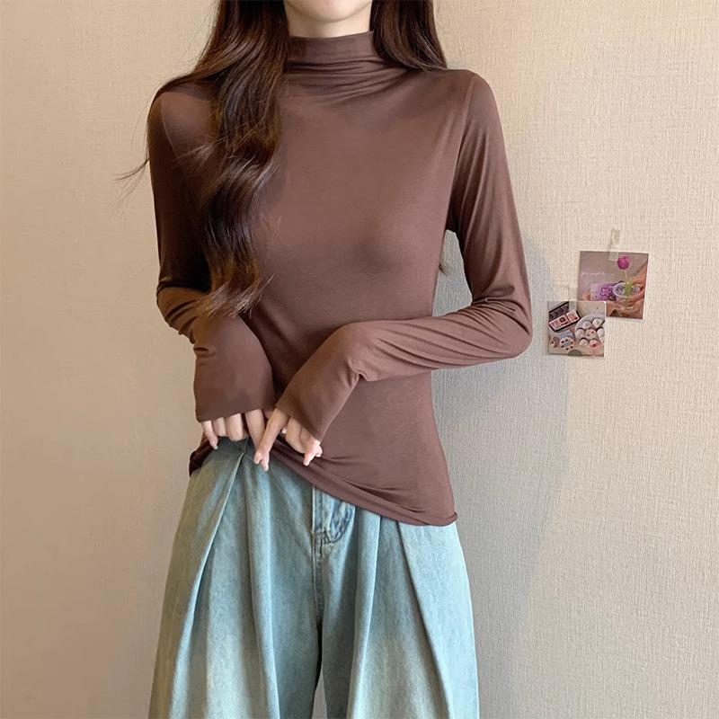 Half-turtle collar German velvet long-sleeved T-shirt for women in autumn and winter, slim fit inner wear, mid-collar simple versatile shirt top