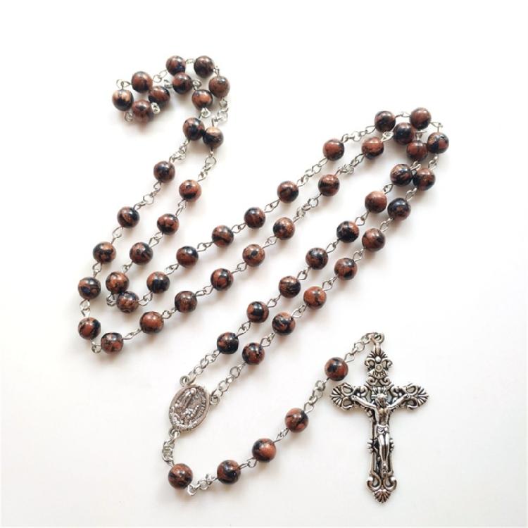 Rosary Crucifix Cross Necklace Natural Flower Sand Beads Catholic Jewelry Gift