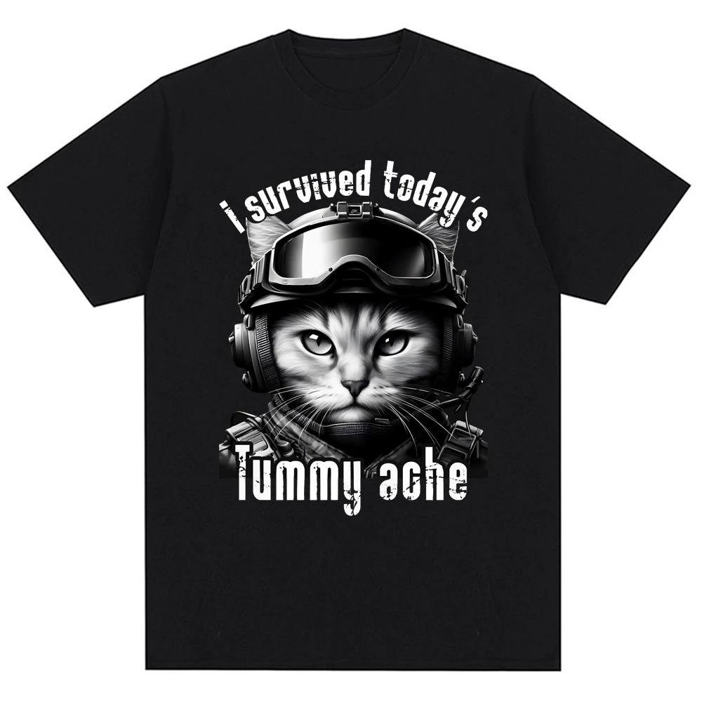 Tausend-Yard-Blick Katze Lustig Ich Habe Überlebt Meme T-Shirt Humor Stil Vintage T-Shirt Unisex Damen Oversize Lässig Streetwear Täglich