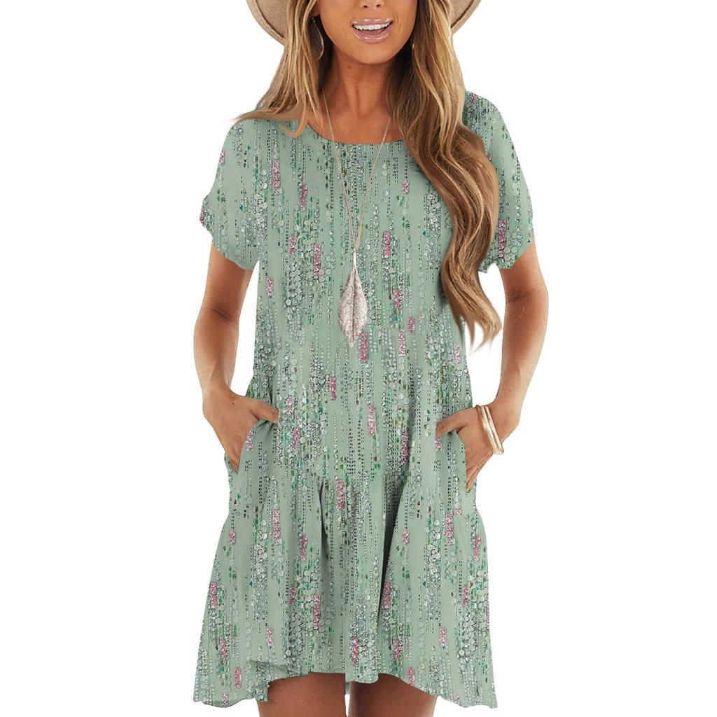 Women's Fashion Casual Round Neck Short Sleeve Ruffled Vintage Printed Dresses