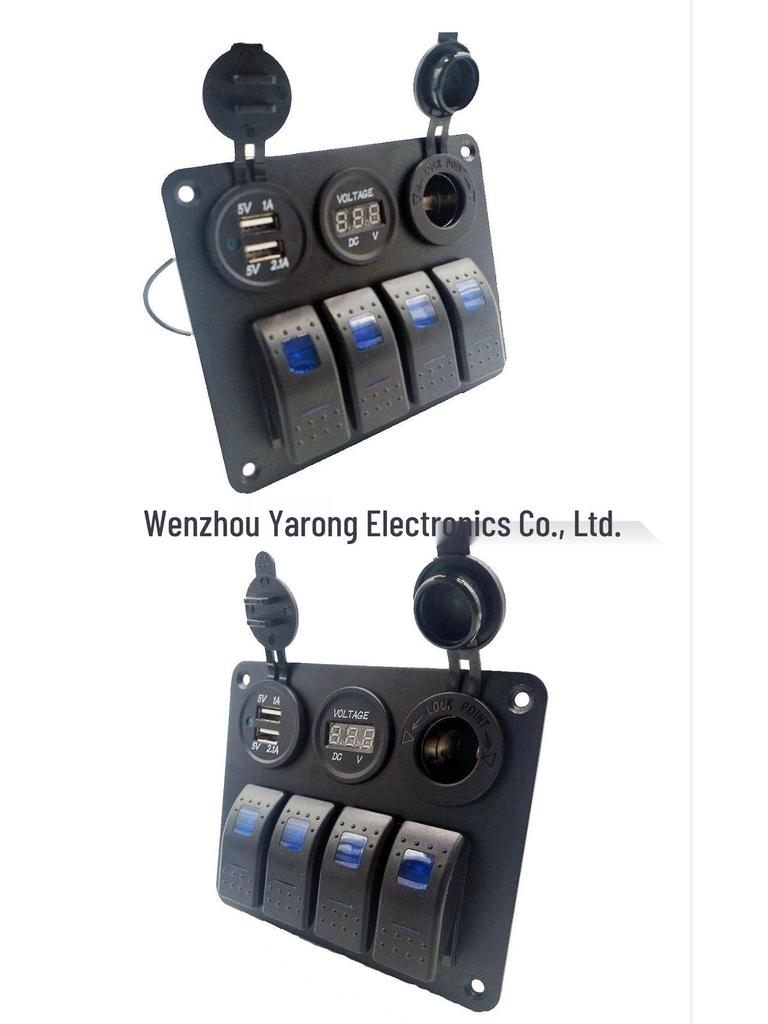 Pannello blu 4 in 1 per barca e auto: Interruttore + Caricabatterie + Voltmetro + Presa Accendisigari