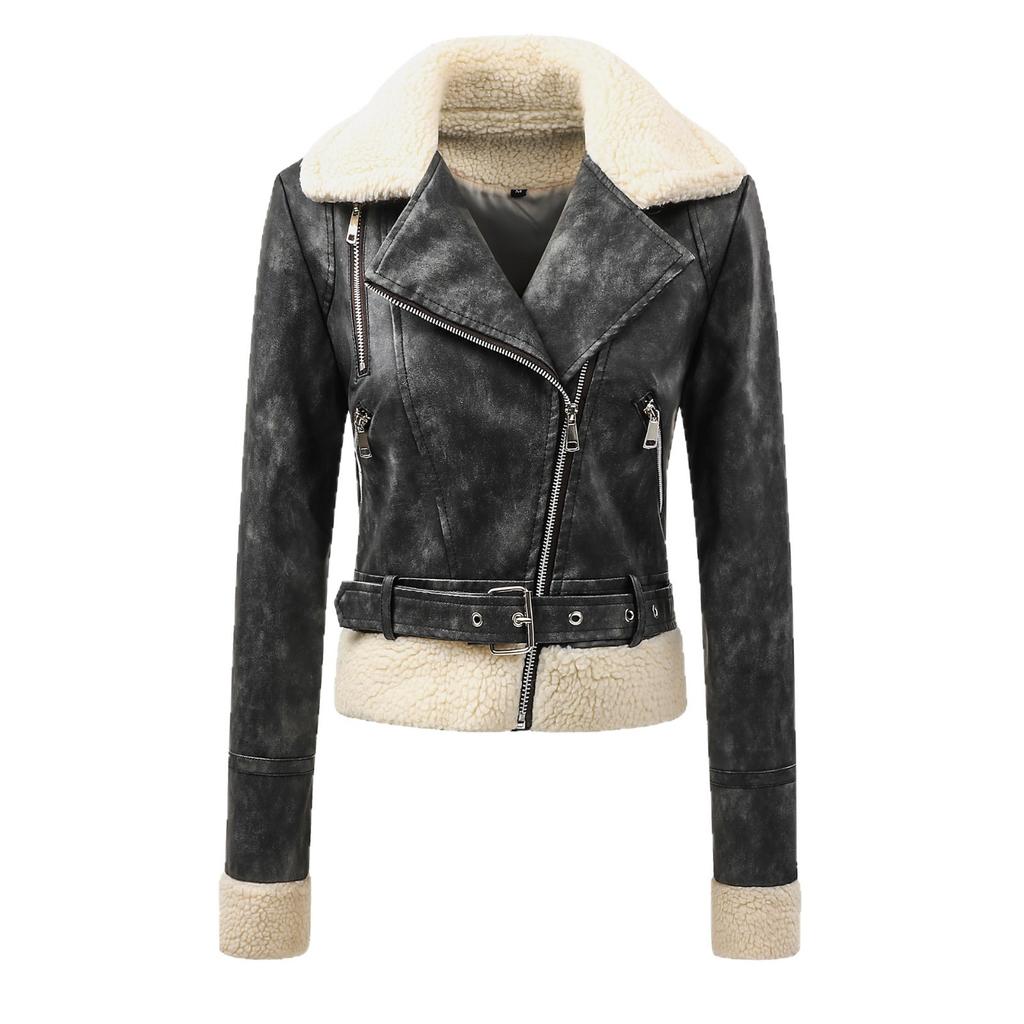 European size women's leather jacket women's slim jacket fur collar autumn and winter coat women's locomotive clothing large size stand-up collar leat