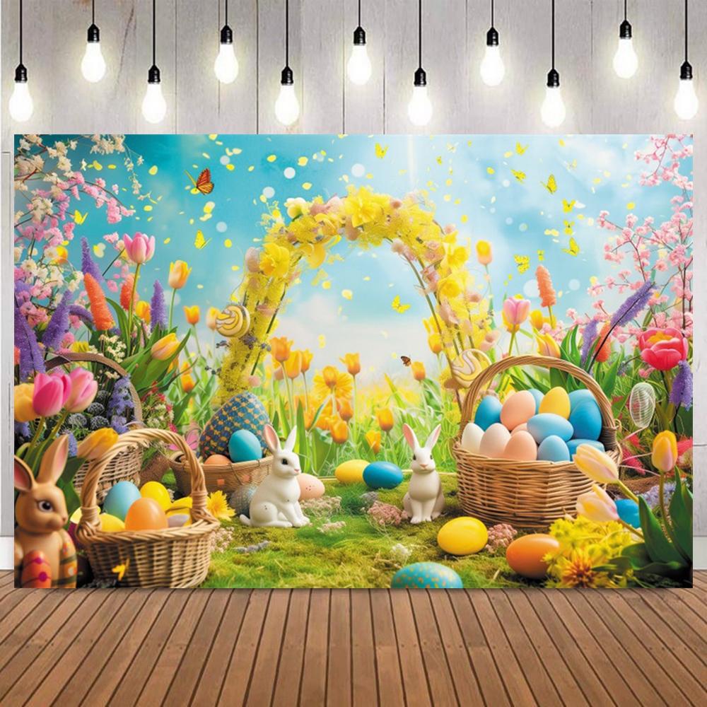 Easter Day Photo Background Flower Green Arch Easter Eggs Rabbit Kids Portrait Baby Shower Birthday Party Decor Backdrop Props5