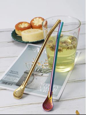 Creative 2 In 1 Colorful Stainless Steel Tea Drinking Straw And Spoon Mate Tea Strainer Reusable Straw Spoon Kitchen Bar Gadgets