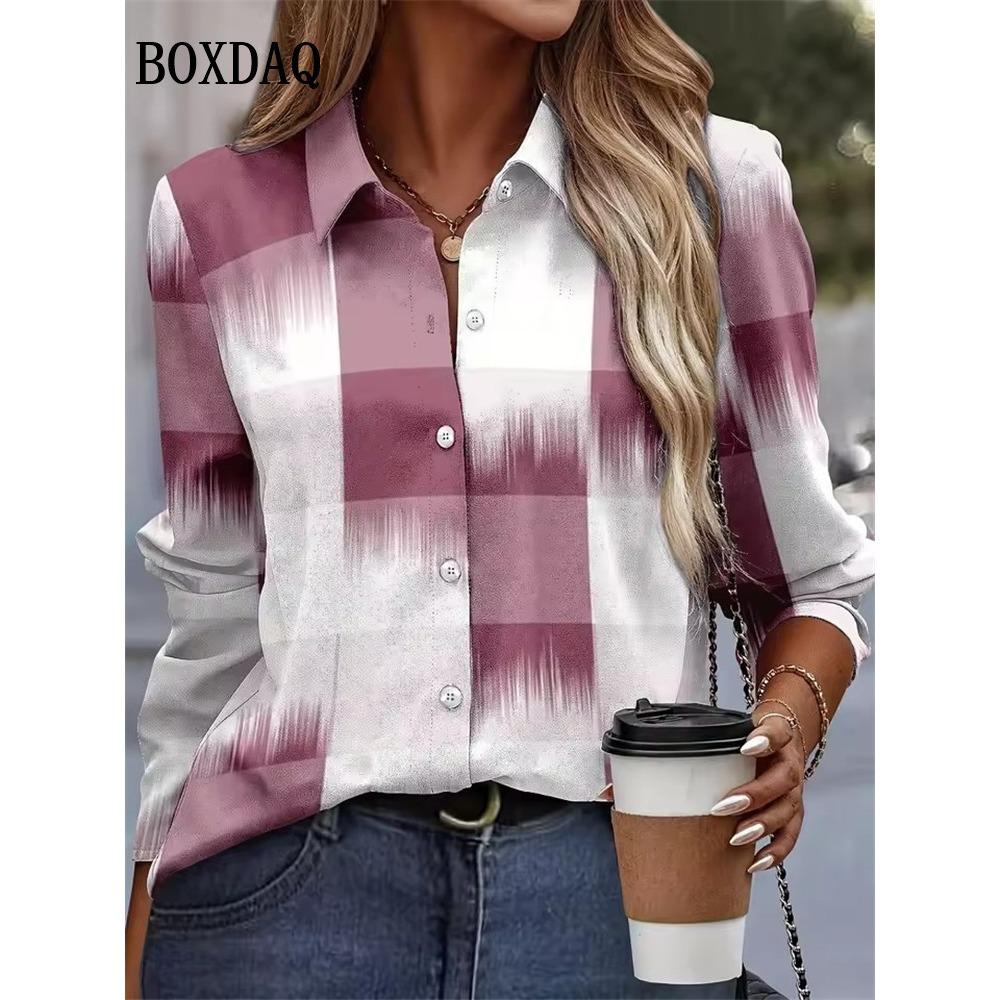 2025 Autumn New Plaid 3D Print Blouse Ladies Long Sleeve Gradient Button Laple Loose Shirts Tops Casual Fashion Women's Clothing