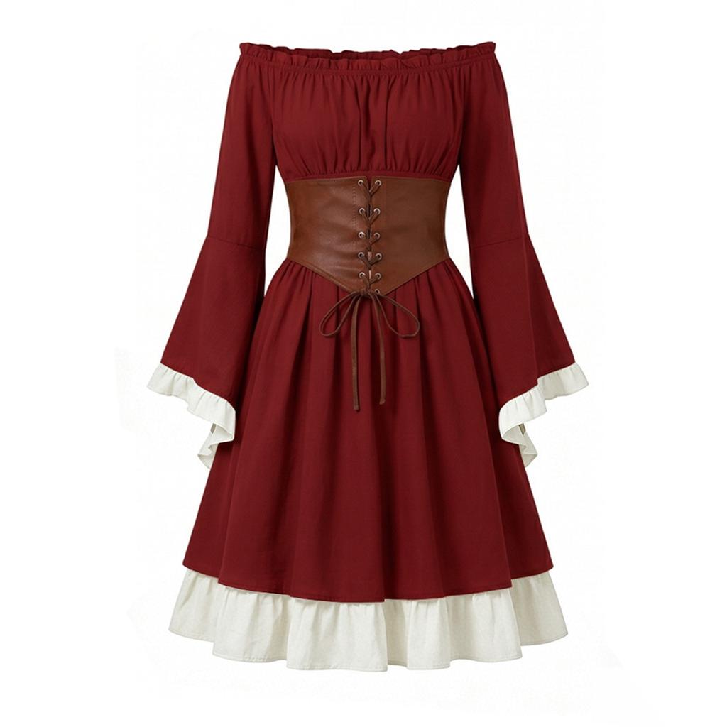 Womens Medieval Renaissance Dress Off Shoulder Gothic Style Corset Waist Vintage Long Sleeve Flared Skirt Costume for Halloween or Themed Events