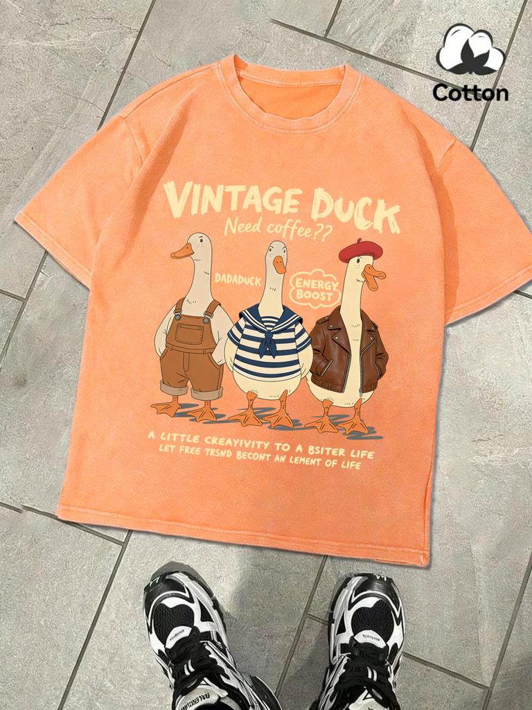 Vintage Duck Need Coffee Printing Snow Wash Men TShirt Summer Fashion Tops Casual Cotton Soft Washed Tee Unisex Clothing