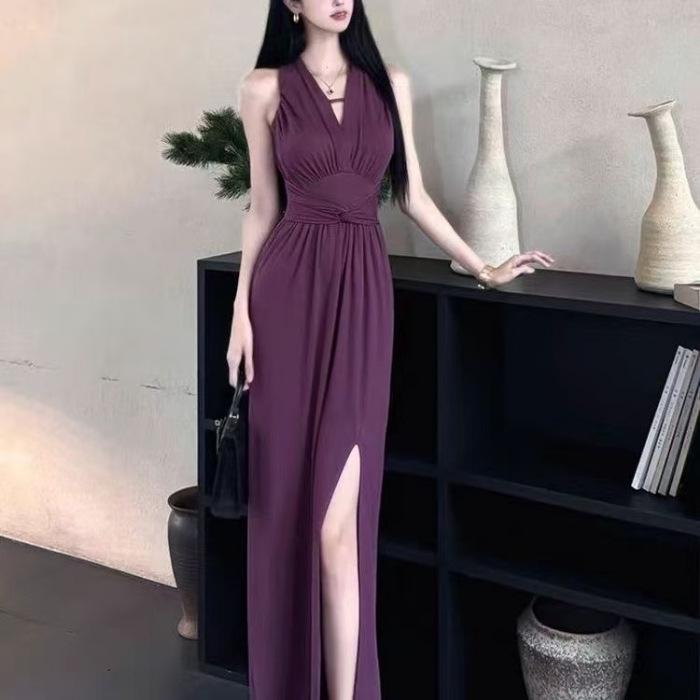 Pure Desire Off-Shoulder V-Neck Slim-Fit Summer Dress with High-Waist Slit Skirt 2XL темно-красного
