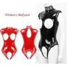Kadın Tek Parça Yüksek Boyun Kolsuz Parlak Deri Bodysuit Catsuit Oymak Tulum Clubwear Rave Parti Kıyafetleri