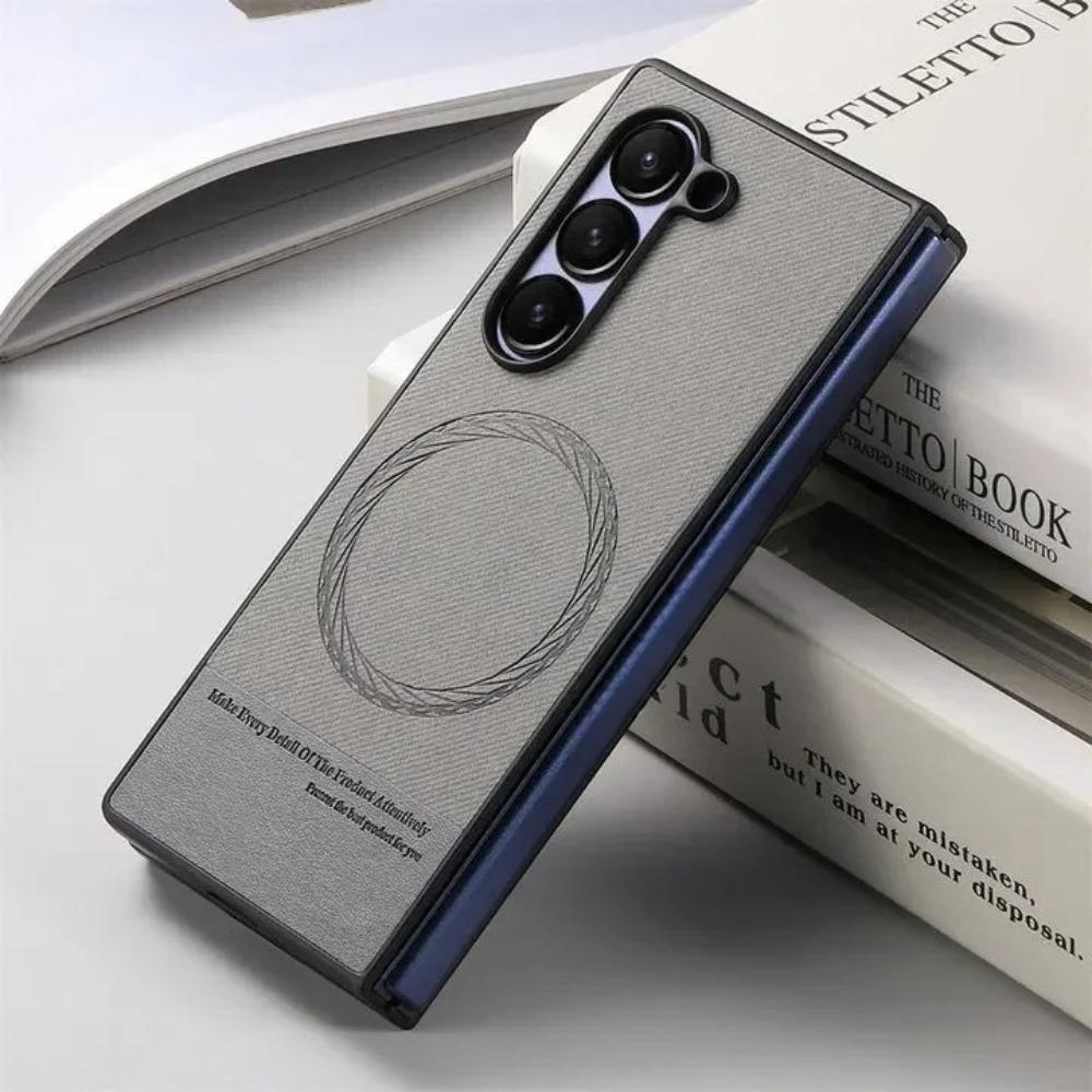 Samsung Galaxy Z Fold 7 6 5 4 3 Wireless Charging Leather Shockproof Protect Back Cover Simple Business Magnetic Phone Case