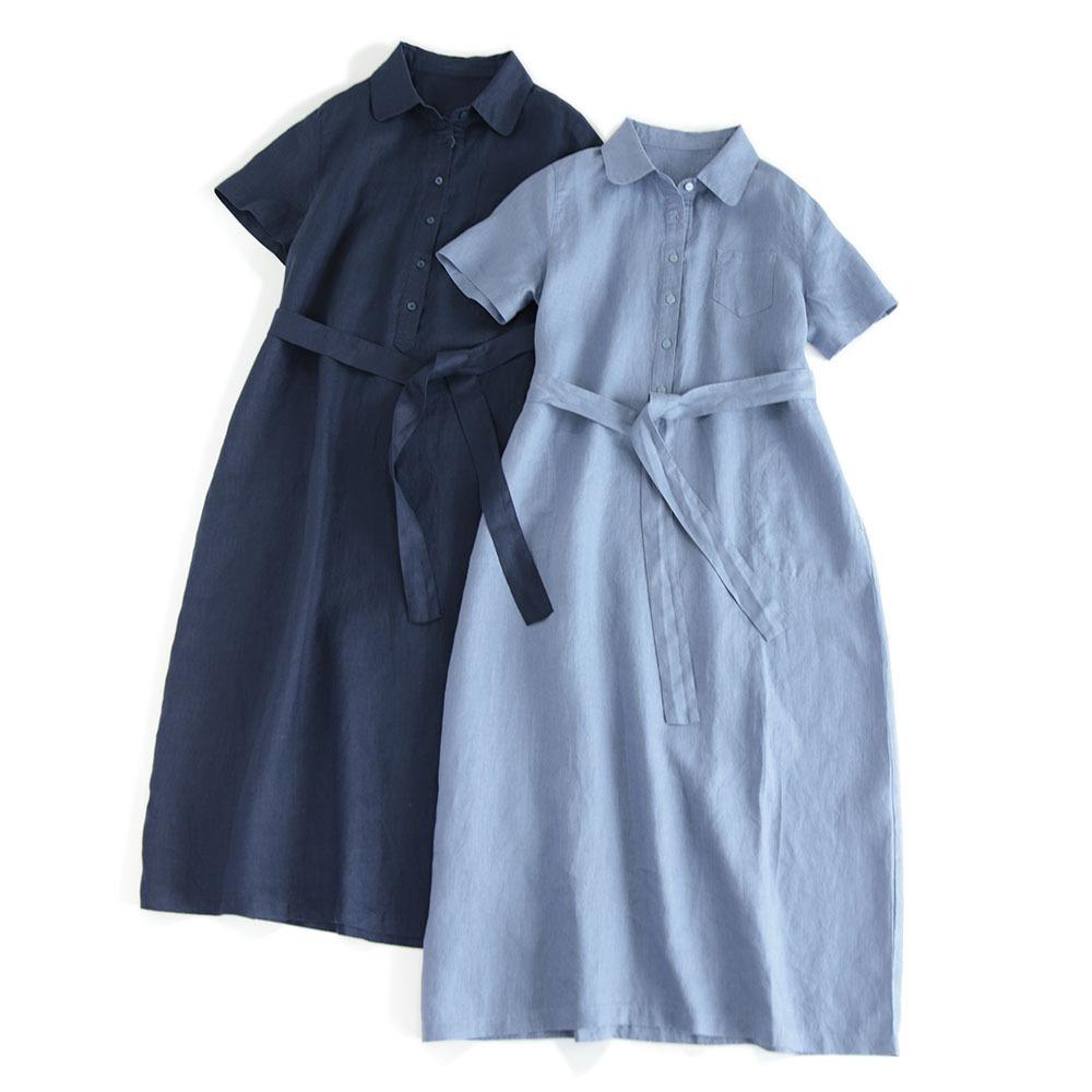 2025 summer new cotton and linen lapel short-sleeved dress loose a-shaped long strap solid color shirt skirt, women