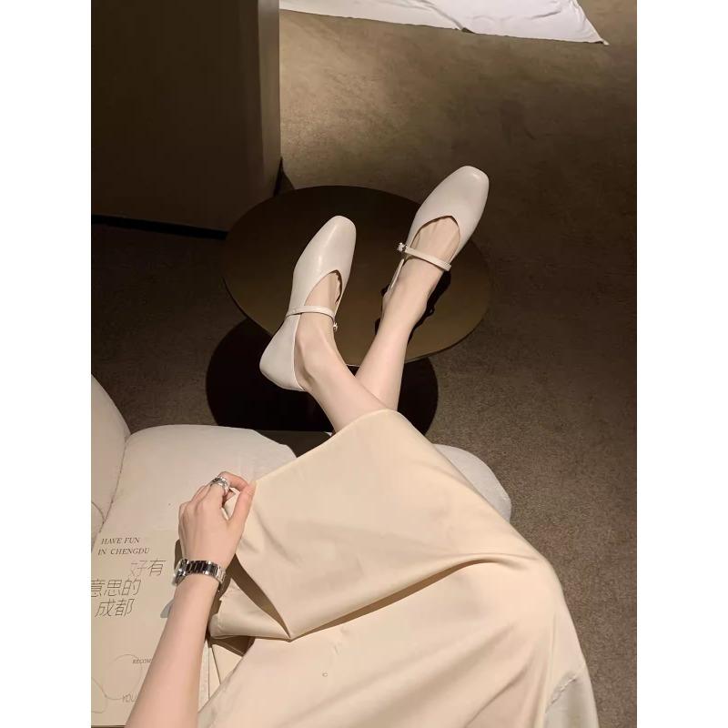 Sheepskin version inner height increase leather word with shallow mouth single shoes bag head half slippers women's Mary Jane shoes