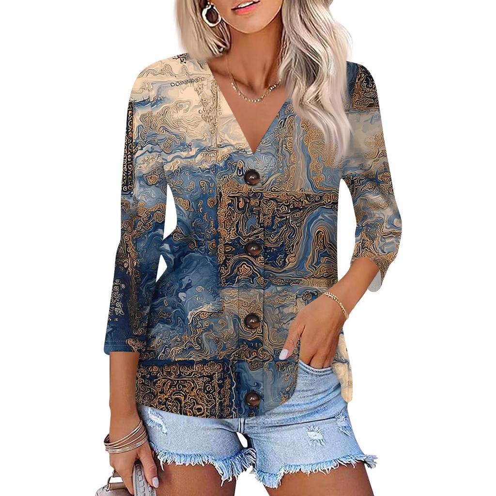 Women's Fashion Casual Printing Button-down Shirt 3/4 Long Sleeve Tops