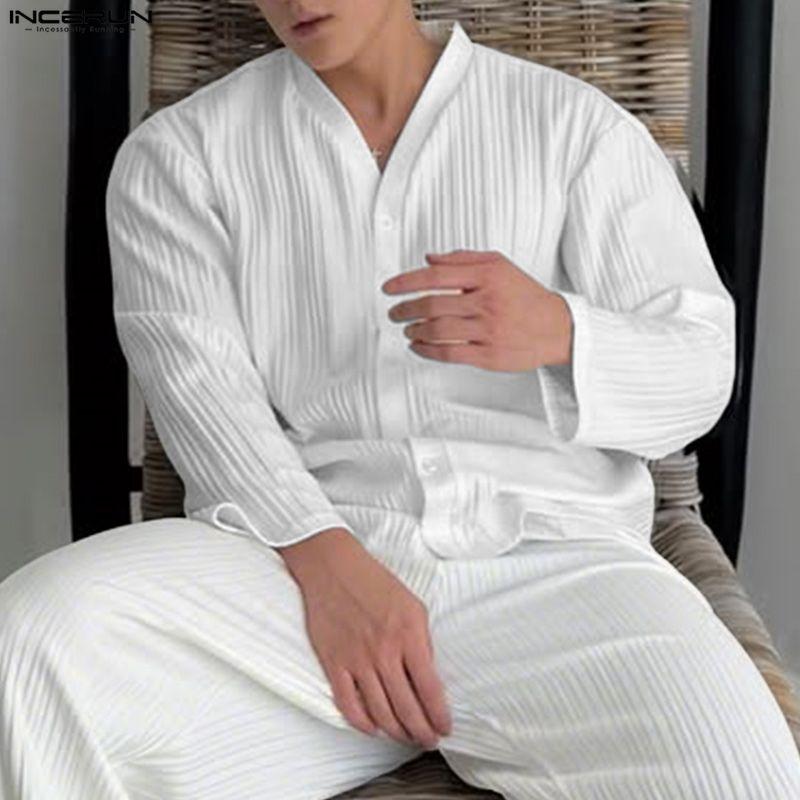 INCERUN Oversized Men Round Neck Long Sleeve Texture Plain Buttons Casual T-shirts Tops