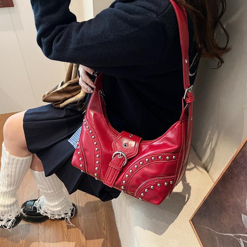 PU Leather Shoulder Bag for Women Rivets Studded Crescent Bag Buckle Underarm Bag Large Capacity Hobo Bag for Work Travel CLE