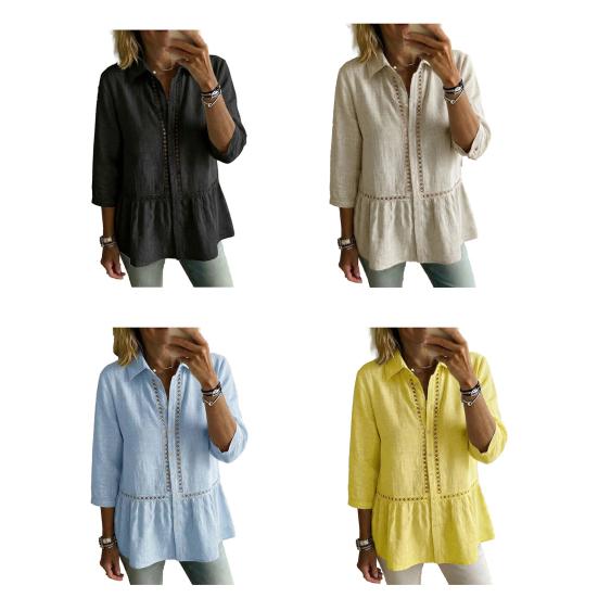Women Shirt Lapel 3/4 Sleeves Buttons Placket Shirt Tops Webbing Edges Ruffle Hem Commuting Style Tops
